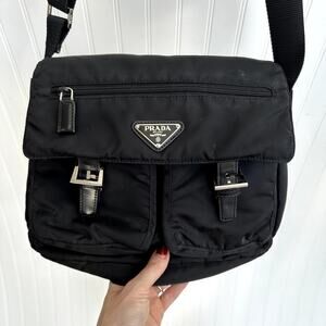 Prada Black Tessuto Nylon Messenger Crossbody Bag Purse Logo Triangle